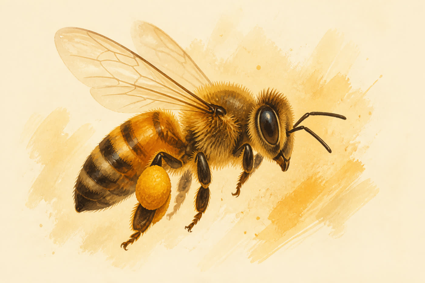 A honeybee in profile with pollen packed on its hind leg