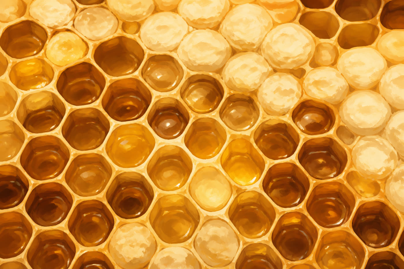 Honeycomb cells, some capped with wax and some full of amber honey