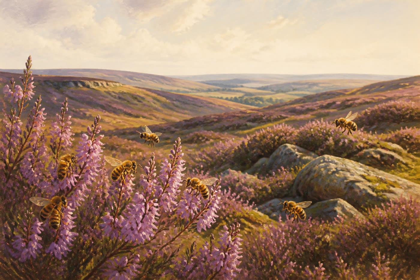 Honeybees on purple heather in rolling moorland hills