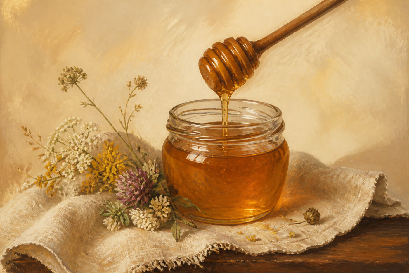 A jar of honey with a wooden dipper dripping a thread of honey