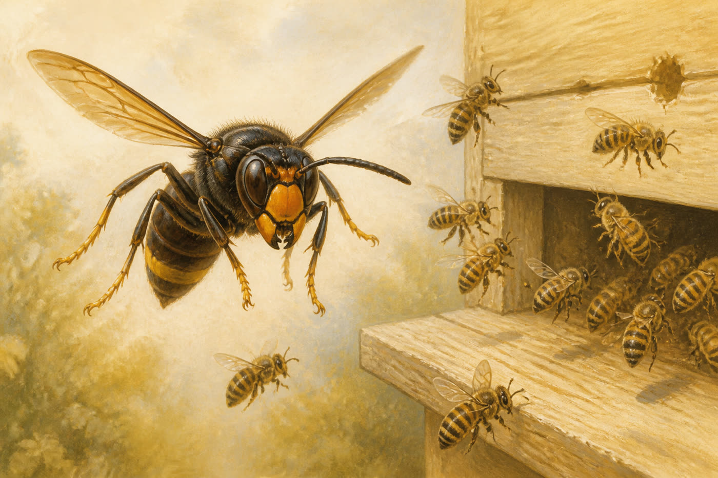 Illustration of a dark hornet with yellow-tipped legs hovering near a beehive