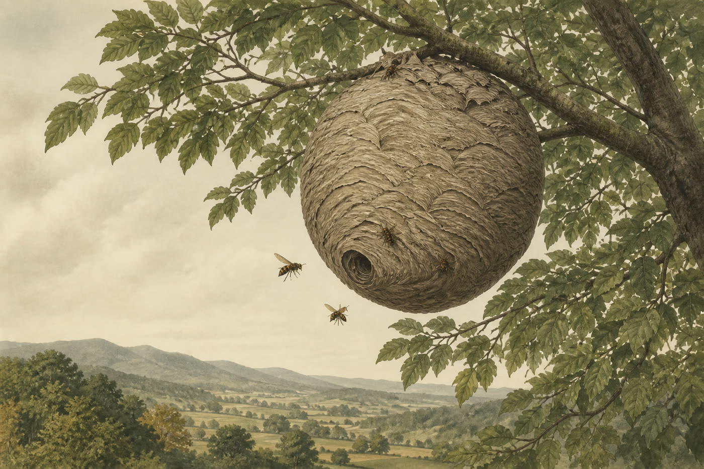 Illustration of a large round paper nest hanging from a tree